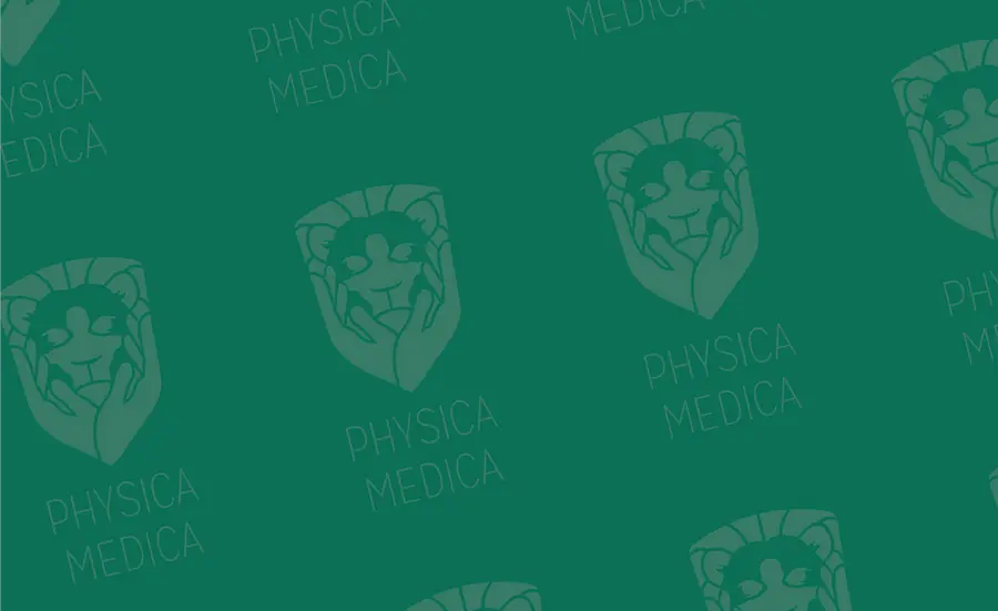 Teal green background with faded Physica Medica lion logo pattern used as hero banner